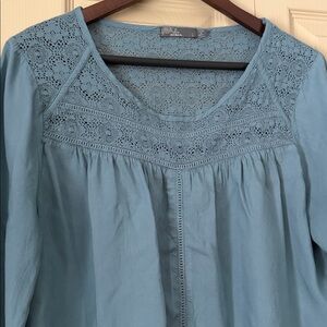 Prana Shirt Blue Size L Large Pintuck Lace Peasant